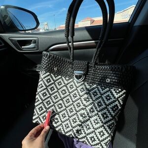 Black and White Woven Tote Bag BOHO RECYCLED CHIC